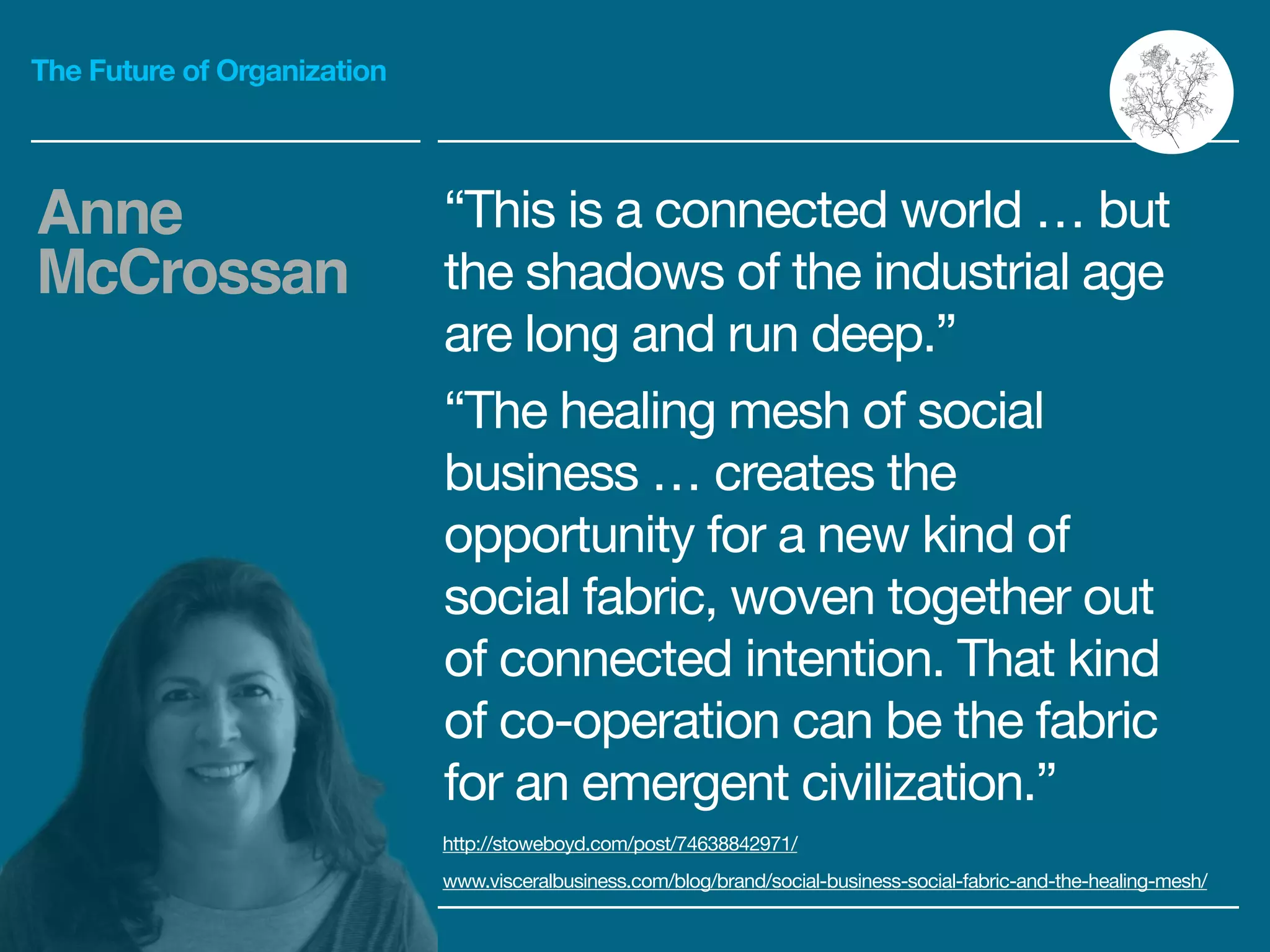 The Future of Organization
“This is a connected world … but
the shadows of the industrial age
are long and run deep.”

“The healing mesh of social
business … creates the
opportunity for a new kind of
social fabric, woven together out
of connected intention. That kind
of co-operation can be the fabric
for an emergent civilization.”
Anne
McCrossan
http://stoweboyd.com/post/74638842971/

www.visceralbusiness.com/blog/brand/social-business-social-fabric-and-the-healing-mesh/
 