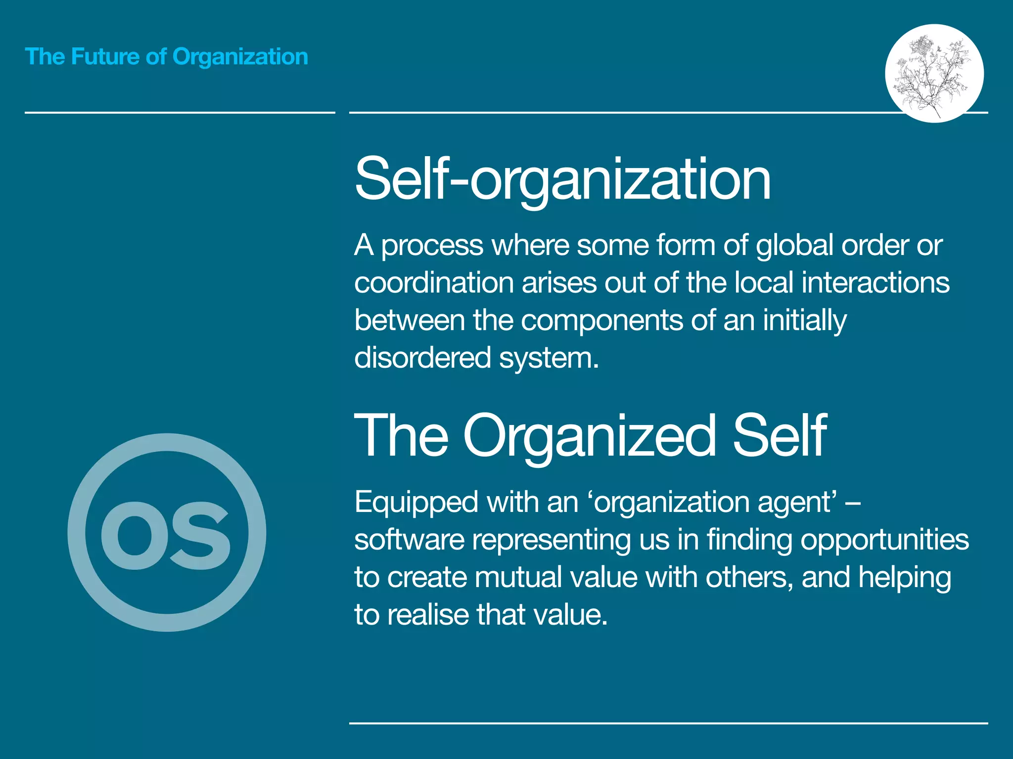 The Future of Organization
Self-organization

A process where some form of global order or
coordination arises out of the local interactions
between the components of an initially
disordered system.

The Organized Self

Equipped with an ‘organization agent’ –
software representing us in finding opportunities
to create mutual value with others, and helping
to realise that value.
os
 