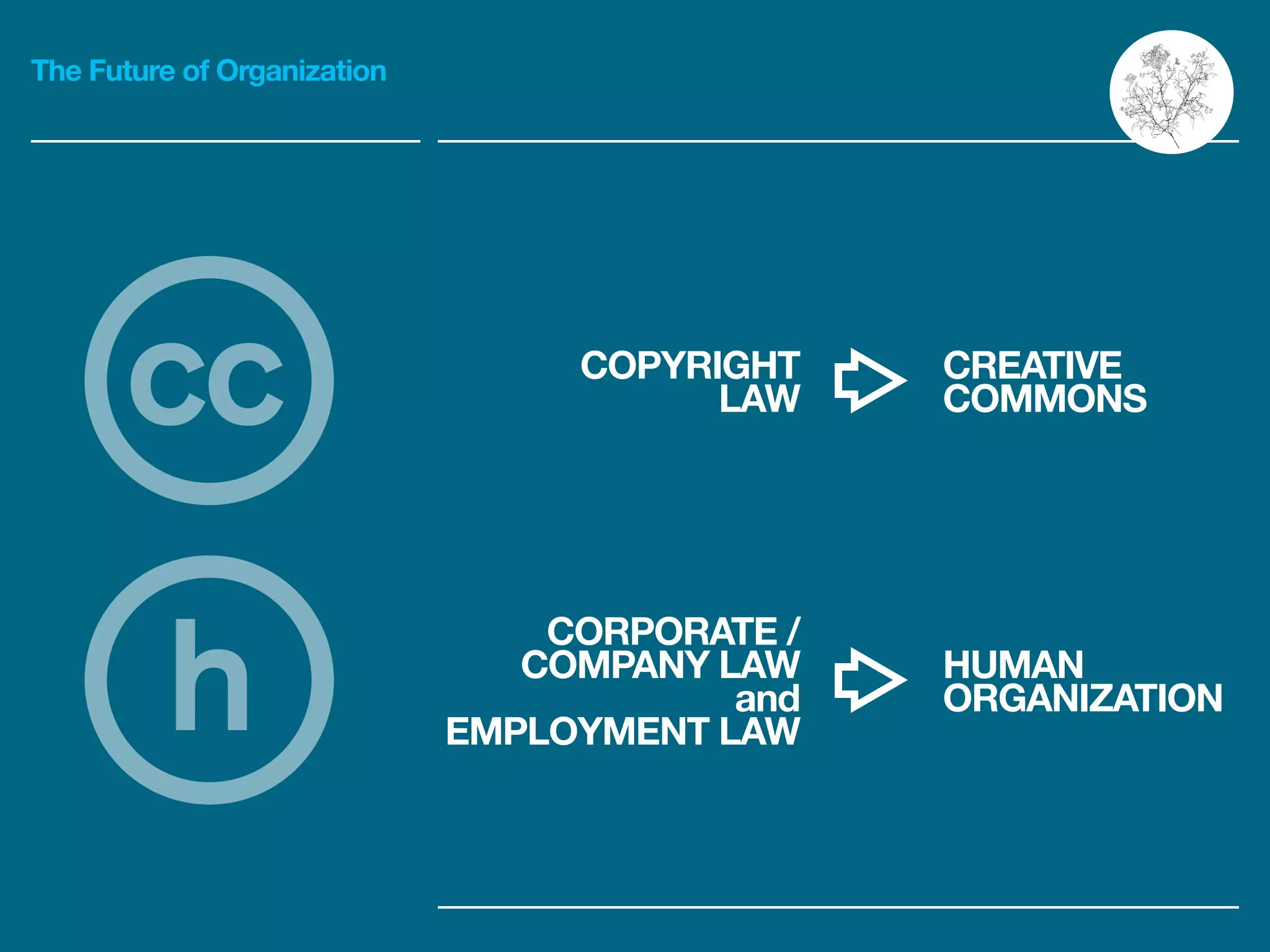 The Future of Organization
CREATIVE
COMMONS
COPYRIGHT
LAW
HUMAN
ORGANIZATION
CORPORATE /
COMPANY LAW
and
EMPLOYMENT LAW
cc
h
 