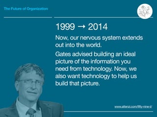 The Future of Organization
1999 → 2014

Now, our nervous system extends
out into the world.

Gates advised building an ide...
