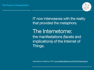 The Future of Organization
IT now interweaves with the reality
that provided the metaphors.

The Internetome:

the manifes...