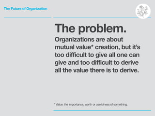 The Future of Organization
The problem.
Organizations are about
mutual value* creation, but it’s
too difficult to give all...