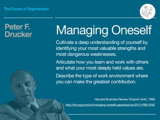 The Future of Organization
Managing Oneself

Cultivate a deep understanding of yourself by
identifying your most valuable ...