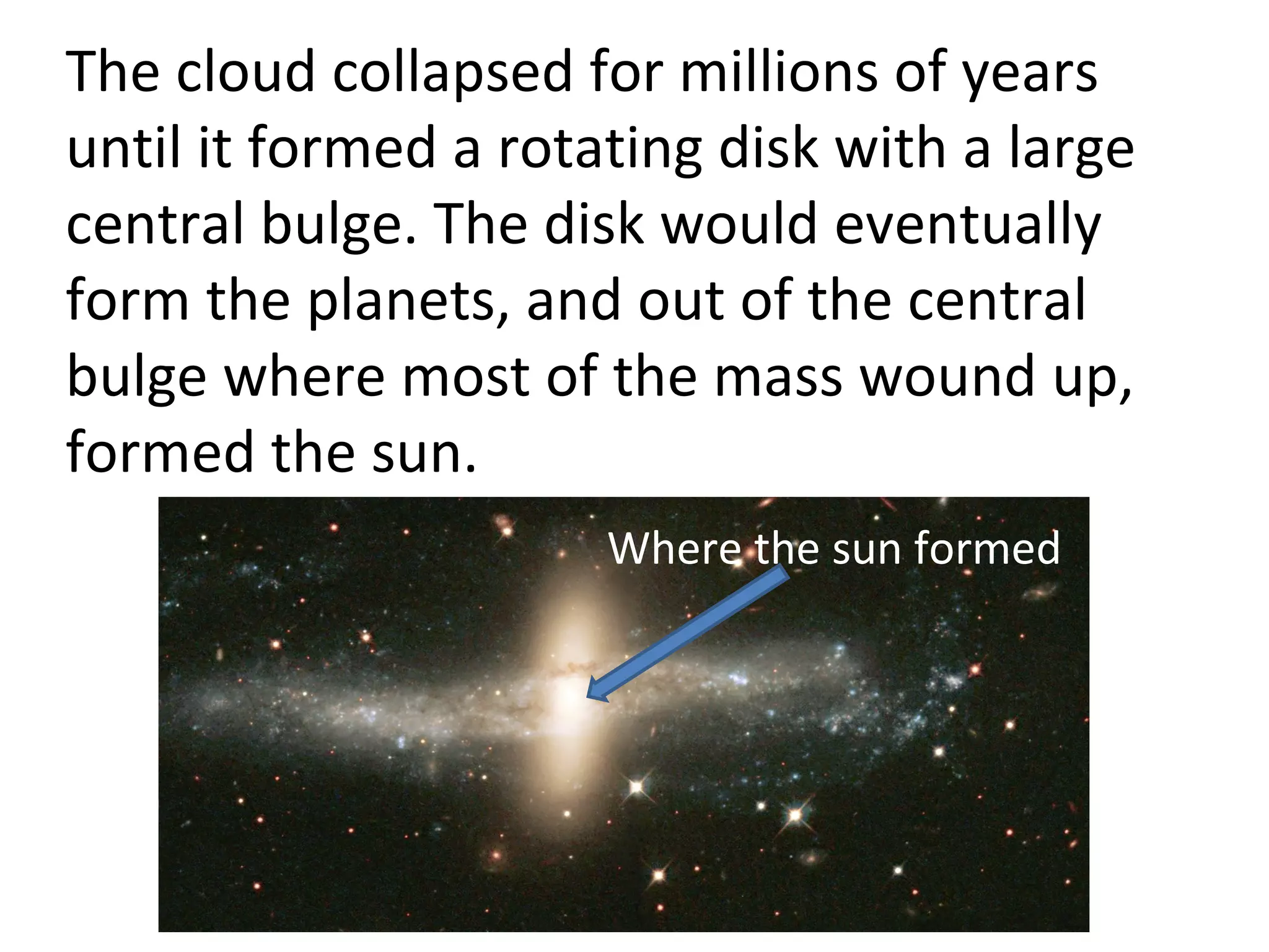 The cloud collapsed for millions of years until it formed a rotating disk with a large central bulge. The disk would eventually form the planets, and out of the central bulge where most of the mass wound up, formed the sun. Where the sun formed 