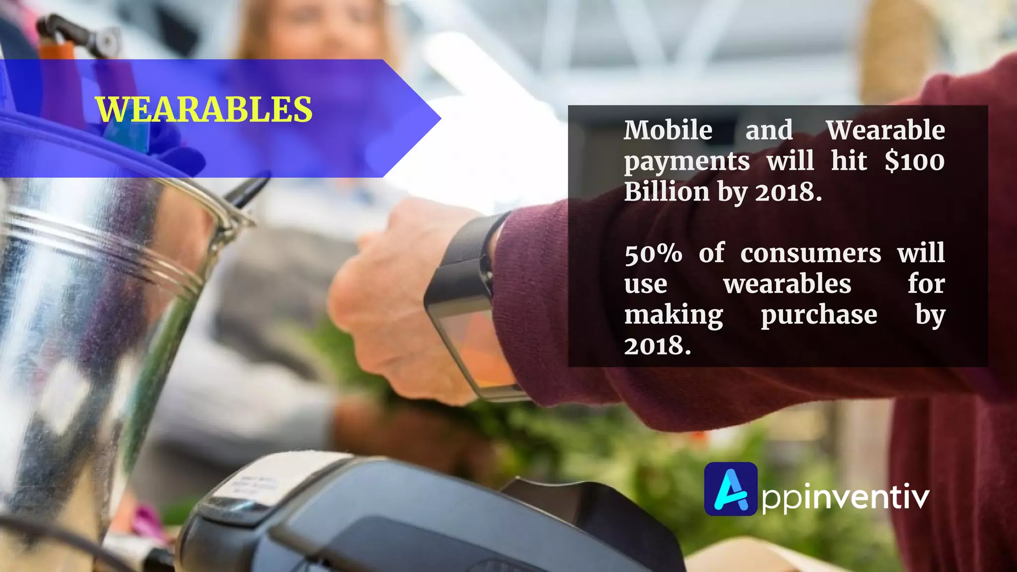 WEARABLES
Mobile and Wearable
payments will hit $100
Billion by 2018.
50% of consumers will
use wearables for
making purchase by
2018.
 