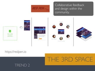 Valentina González · MiguelVieira
TREND 2
THE 3RD SPACE
Collaborative feedback
and design within the
community.
https://redpen.io
 