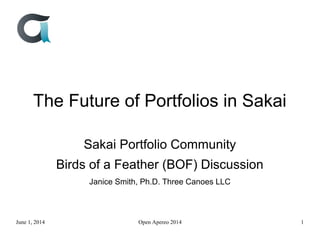 The Future of Portfolios in Sakai
Sakai Portfolio Community
Birds of a Feather (BOF) Discussion
Janice Smith, Ph.D. Three Canoes LLC
June 1, 2014 Open Apereo 2014 1
 