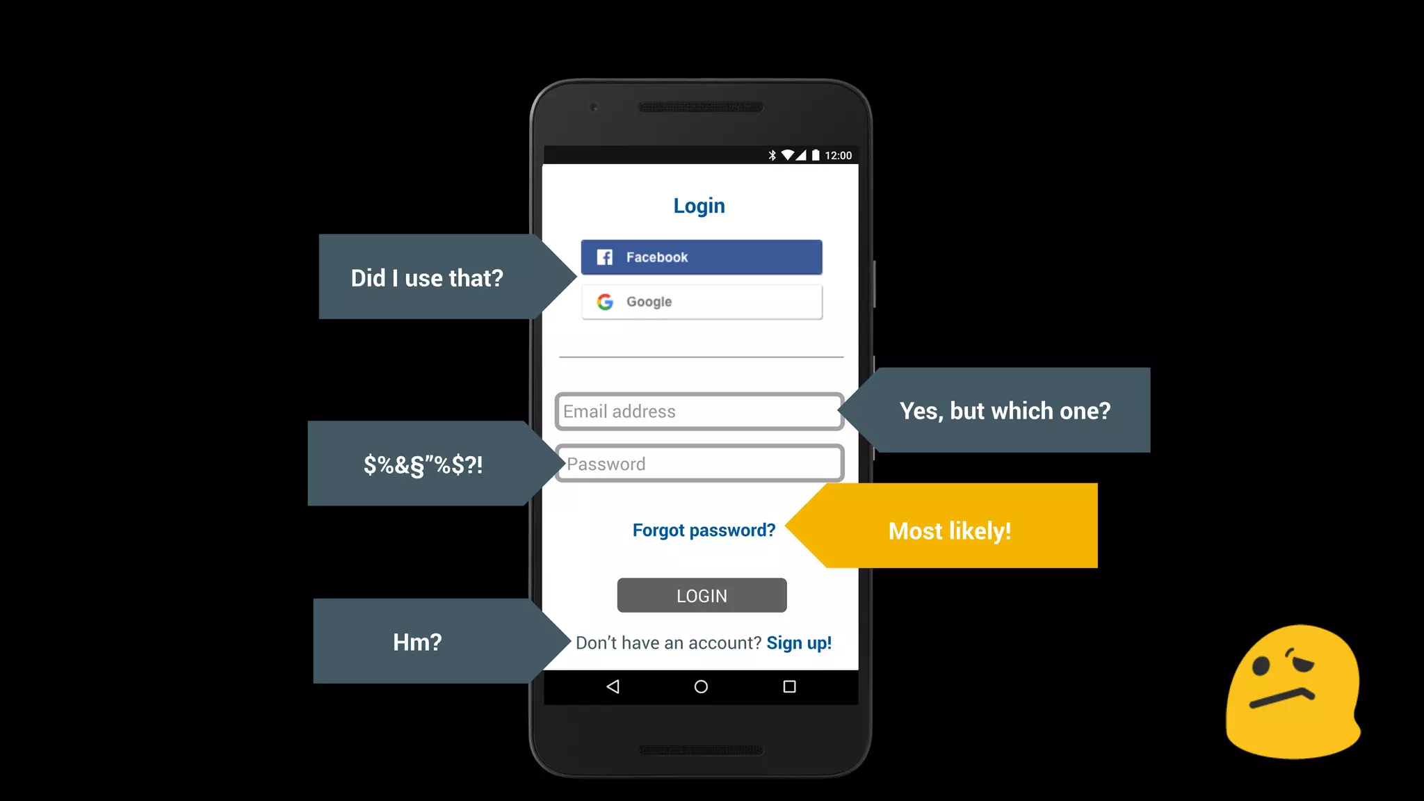 Title Text
Password
Forgot password?
Login
LOGIN
Don’t have an account? Sign up!
Did I use that?
$%&§”%$?!
Hm?
Most likely!
Yes, but which one?Email address
 