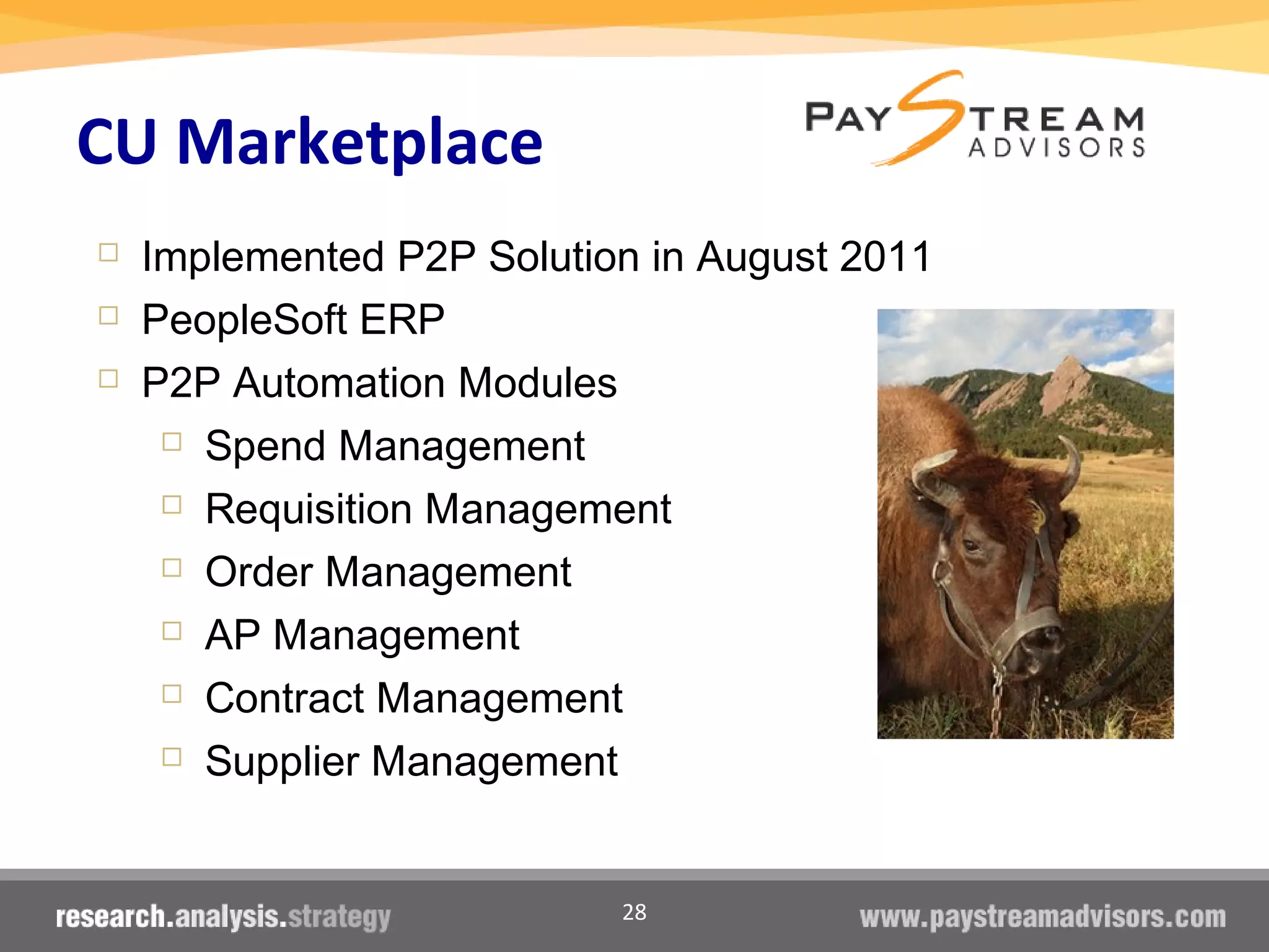 28
CU Marketplace
 Implemented P2P Solution in August 2011
 PeopleSoft ERP
 P2P Automation Modules
 Spend Management
 Requisition Management
 Order Management
 AP Management
 Contract Management
 Supplier Management
 
