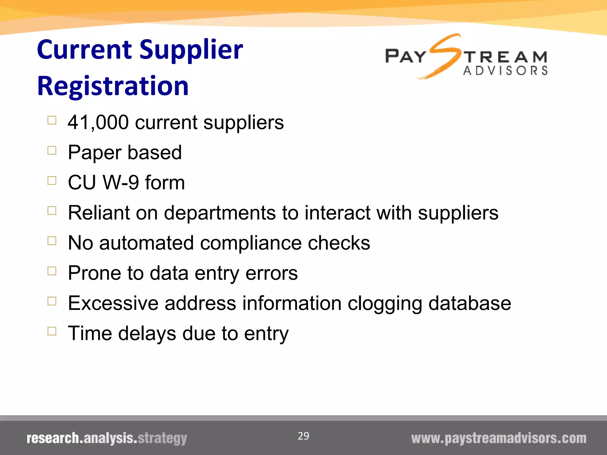 29
Current Supplier
Registration
 41,000 current suppliers
 Paper based
 CU W-9 form
 Reliant on departments to interact with suppliers
 No automated compliance checks
 Prone to data entry errors
 Excessive address information clogging database
 Time delays due to entry
 