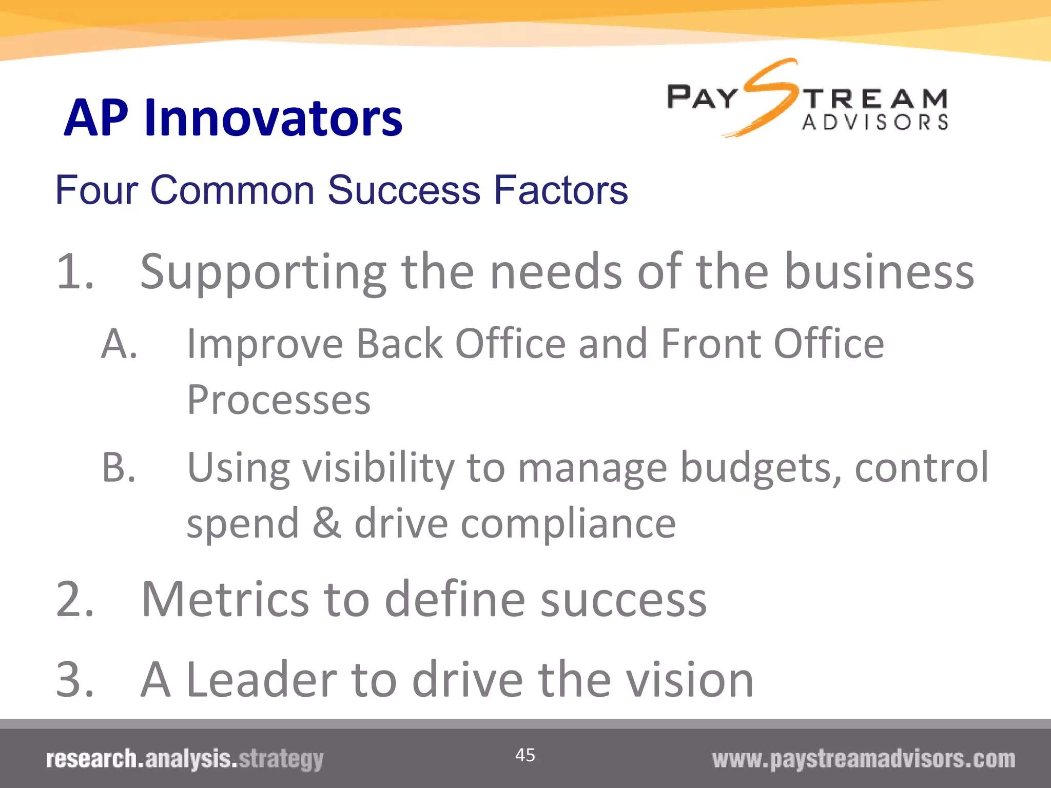 45
AP Innovators
1. Supporting the needs of the business
A. Improve Back Office and Front Office
Processes
B. Using visibility to manage budgets, control
spend & drive compliance
2. Metrics to define success
3. A Leader to drive the vision
Four Common Success Factors
 