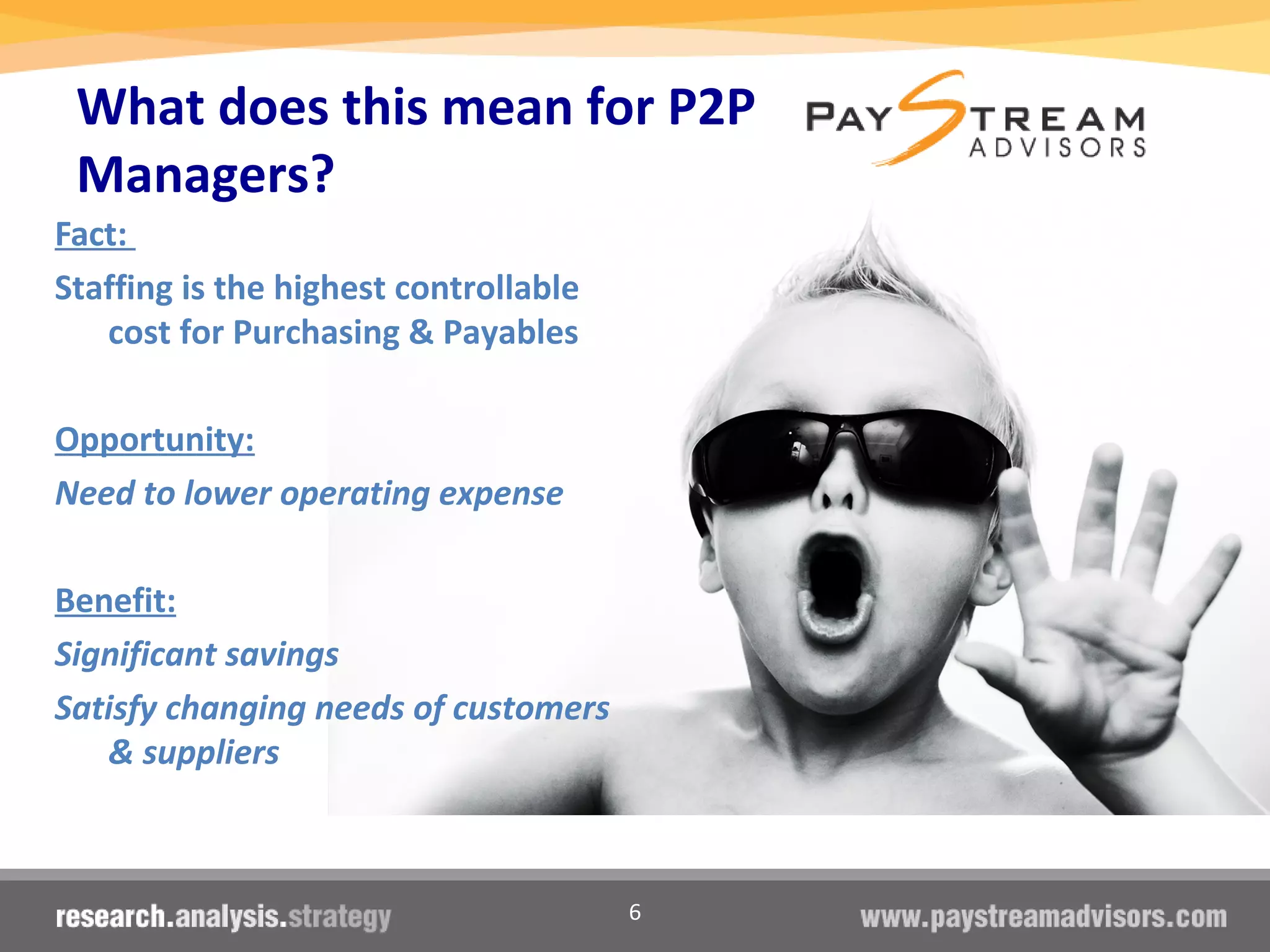 6
What does this mean for P2P
Managers?
Fact:
Staffing is the highest controllable
cost for Purchasing & Payables
Opportunity:
Need to lower operating expense
Benefit:
Significant savings
Satisfy changing needs of customers
& suppliers
 