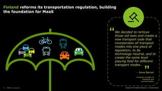 Copyright © 2018 Deloitte Development LLC. All rights reserved.11
We decided to remove
those old laws and create a
new transport code that
incorporates all transport
modes into one piece of
legislation, to be
technology-neutral, and to
create the same level
playing field for different
transport modes…
”
“
- Anne Berner
Finland’s minister of
transport and
communication
Finland reforms its transportation regulation, building
the foundation for MaaS
Source: ITS International
 