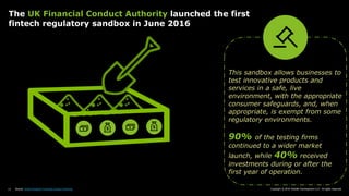 Copyright © 2018 Deloitte Development LLC. All rights reserved.13
This sandbox allows businesses to
test innovative products and
services in a safe, live
environment, with the appropriate
consumer safeguards, and, when
appropriate, is exempt from some
regulatory environments.
90% of the testing firms
continued to a wider market
launch, while 40% received
investments during or after the
first year of operation.
The UK Financial Conduct Authority launched the first
fintech regulatory sandbox in June 2016
Source: United Kingdom Financial Conduct Authority
 