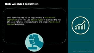 Risk-weighted regulation
Copyright © 2018 Deloitte Development LLC. All rights reserved.16
Shift from one-size-fits-all regulation to a data-driven,
segmented approach. Use data analytics to evaluate the risk
of non-compliance with regulations and enable fast tracked
approval processes.
 