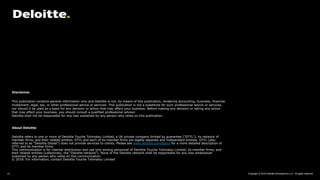 Copyright © 2018 Deloitte Development LLC. All rights reserved.23
Deloitte refers to one or more of Deloitte Touche Tohmatsu Limited, a UK private company limited by guarantee (“DTTL”), its network of
member firms, and their related entities. DTTL and each of its member firms are legally separate and independent entities. DTTL (also
referred to as “Deloitte Global”) does not provide services to clients. Please see www.deloitte.com/about for a more detailed description of
DTTL and its member firms.
This communication is for internal distribution and use only among personnel of Deloitte Touche Tohmatsu Limited, its member firms, and
their related entities (collectively, the “Deloitte network”). None of the Deloitte network shall be responsible for any loss whatsoever
sustained by any person who relies on this communication.
© 2018. For information, contact Deloitte Touche Tohmatsu Limited
This publication contains general information only and Deloitte is not, by means of this publication, rendering accounting, business, financial,
investment, legal, tax, or other professional advice or services. This publication is not a substitute for such professional advice or services,
nor should it be used as a basis for any decision or action that may affect your business. Before making any decision or taking any action
that may affect your business, you should consult a qualified professional advisor.
Deloitte shall not be responsible for any loss sustained by any person who relies on this publication.
About Deloitte
Disclaimer
 