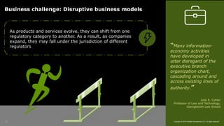 Business challenge: Disruptive business models
As products and services evolve, they can shift from one
regulatory category to another. As a result, as companies
expand, they may fall under the jurisdiction of different
regulators “Many information-
economy activities
have developed in
utter disregard of the
executive branch
organization chart,
cascading around and
across existing lines of
authority.”
Julie E. Cohen
Professor of Law and Technology,
Georgetown Law School
Copyright © 2018 Deloitte Development LLC. All rights reserved.5
 