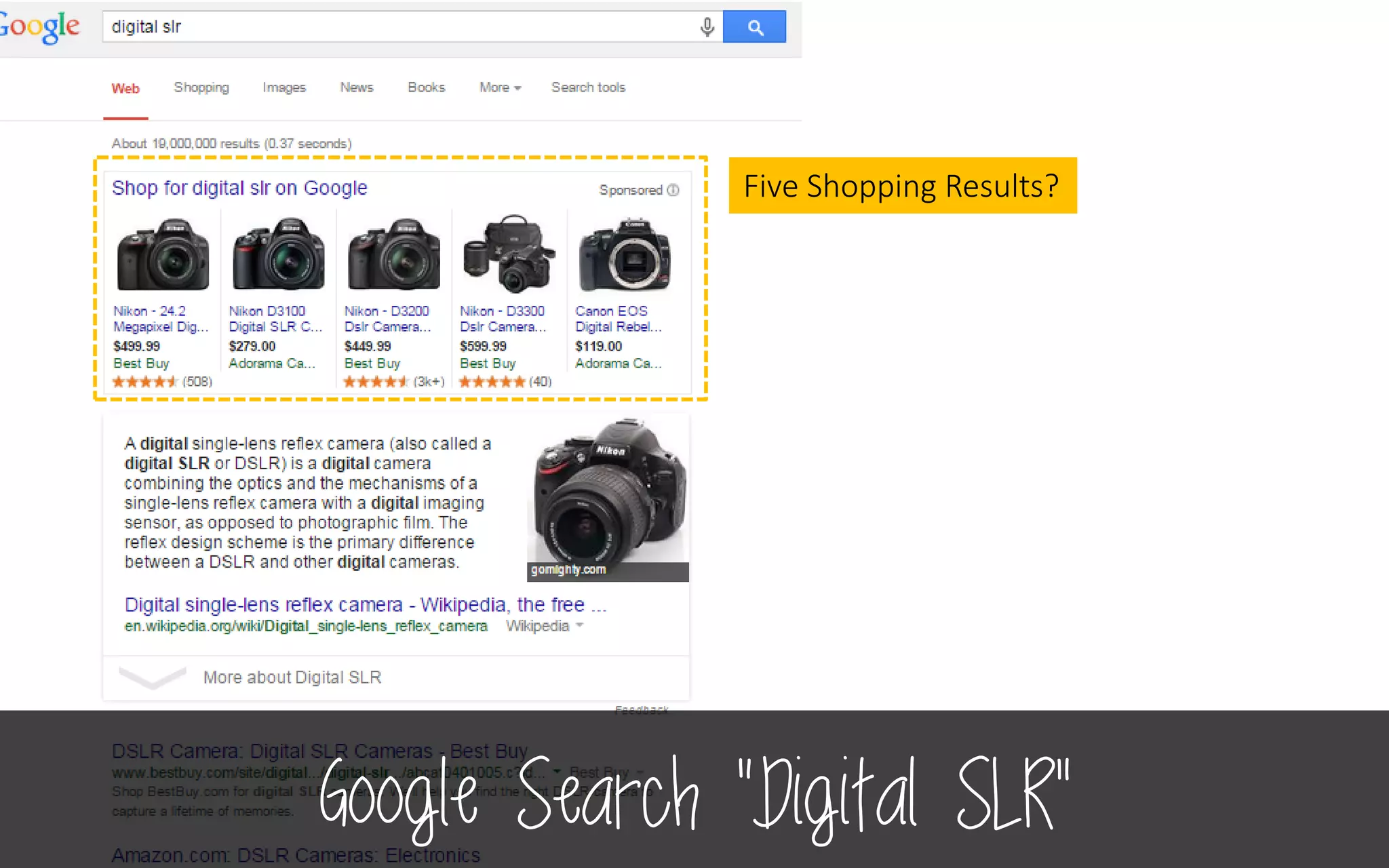 Google Search “Digital SLR”
Five Shopping Results?
 