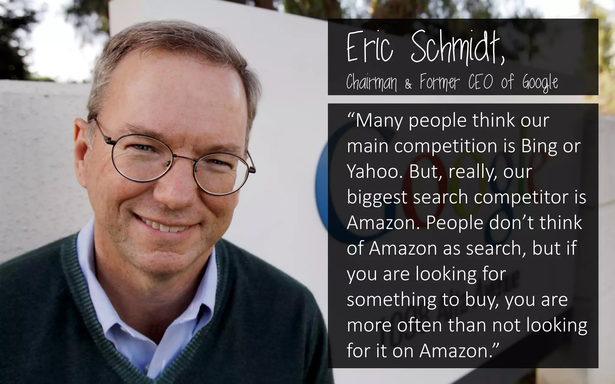 Eric Schmidt,
Chairman & Former CEO of Google
“Many people think our
main competition is Bing or
Yahoo. But, really, our
biggest search competitor is
Amazon. People don’t think
of Amazon as search, but if
you are looking for
something to buy, you are
more often than not looking
for it on Amazon.”
 