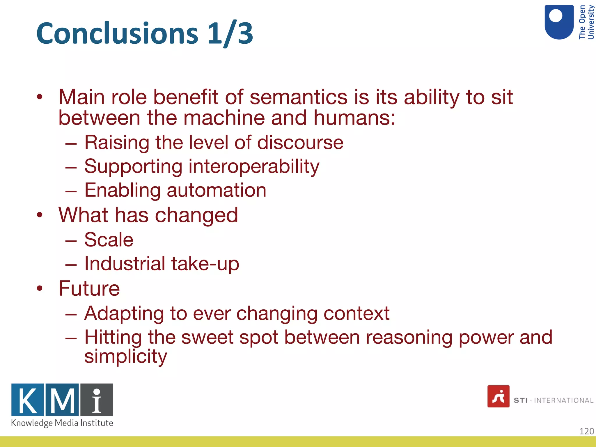 Conclusions 1/3
Main role beneﬁt of semantics is its ability to sit•
between the machine and humans:
Raising the level of discourse–
Supporting interoperability–
Enabling automation–
What has changed•
Scale–
Industrial take– -up
Future•
Adapting to ever changing context–
Hitting the sweet spot between reasoning power and–
simplicity
120
 