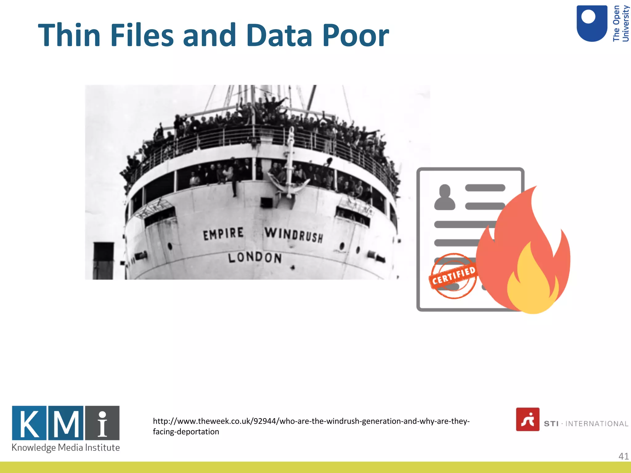 Thin Files and Data Poor
http://www.theweek.co.uk/92944/who-are-the-windrush-generation-and-why-are-they-
facing-deportation
41
 