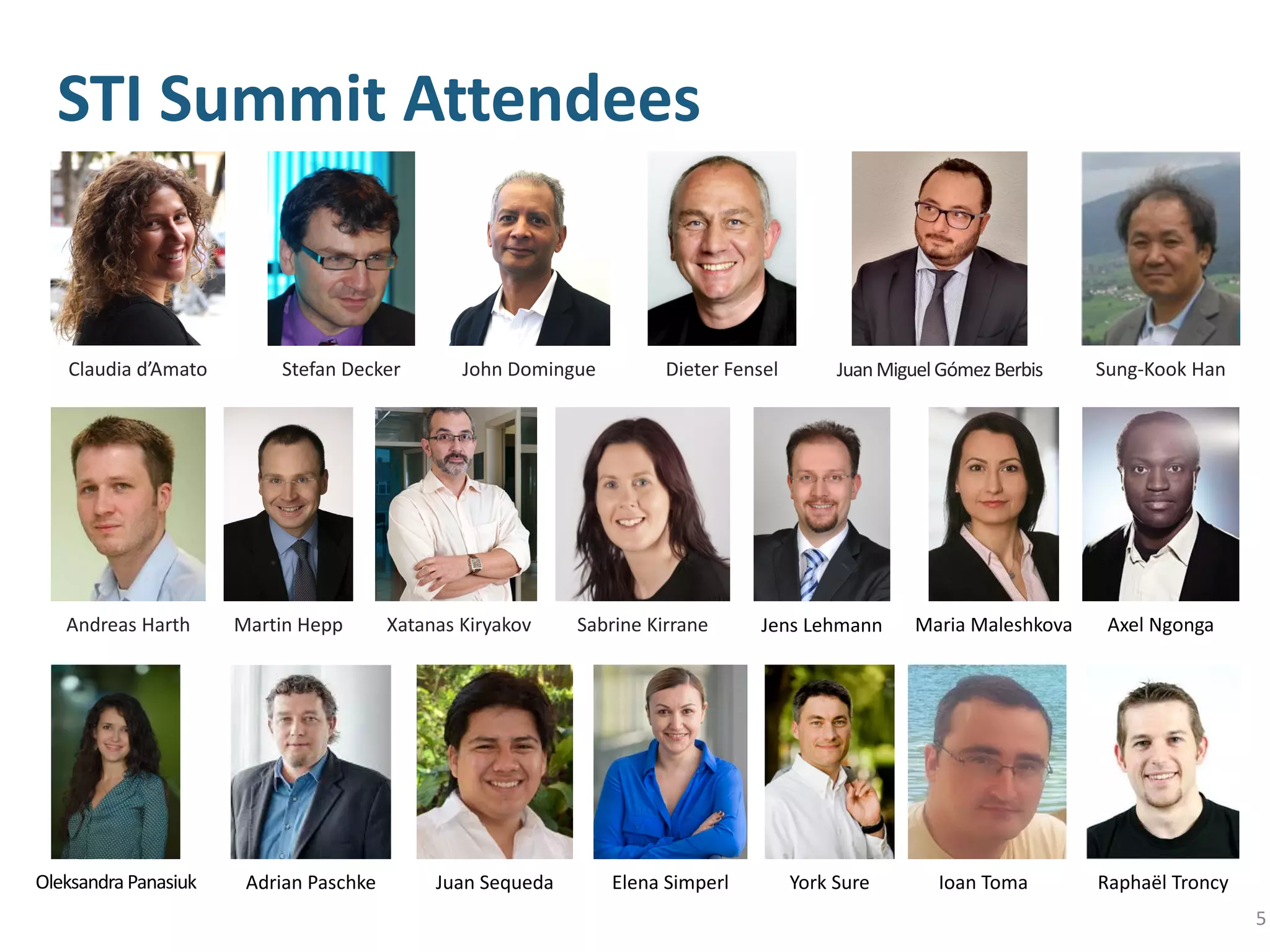 STI Summit Attendees
Dieter FenselClaudia d’Amato John Domingue Sung-Kook HanStefan Decker JuanMiguelGómezBerbis
Andreas Harth Sabrine KirraneXatanas KiryakovMartin Hepp Axel NgongaMaria MaleshkovaJens Lehmann
York SureElena SimperlAdrian Paschke Ioan TomaJuan SequedaOleksandraPanasiuk Raphaël Troncy
5
 