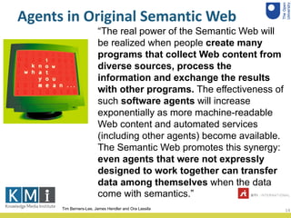 Agents in Original Semantic Web
“The real power of the Semantic Web will
be realized when people create many
programs that...