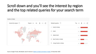 Scroll down and you’ll see the interest by region
and the top related queries for your search term
Source: Google Trends, ...