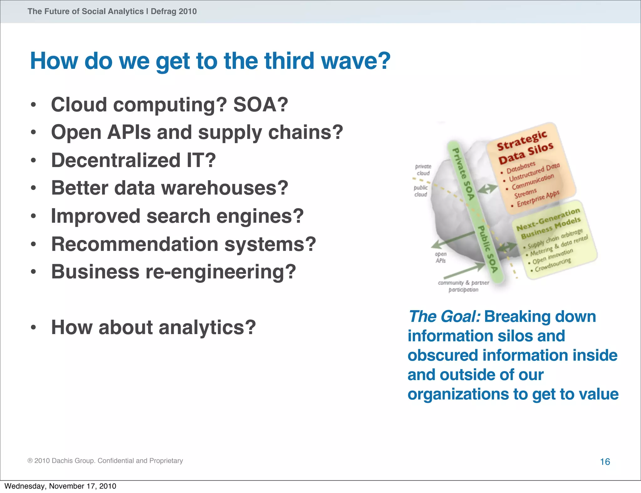 ® 2010 Dachis Group. Conﬁdential and Proprietary
The Future of Social Analytics | Defrag 2010
How do we get to the third wave?
• Cloud computing? SOA?
• Open APIs and supply chains?
• Decentralized IT?
• Better data warehouses?
• Improved search engines?
• Recommendation systems?
• Business re-engineering?
• How about analytics?
16
The Goal: Breaking down
information silos and
obscured information inside
and outside of our
organizations to get to value
Wednesday, November 17, 2010
 