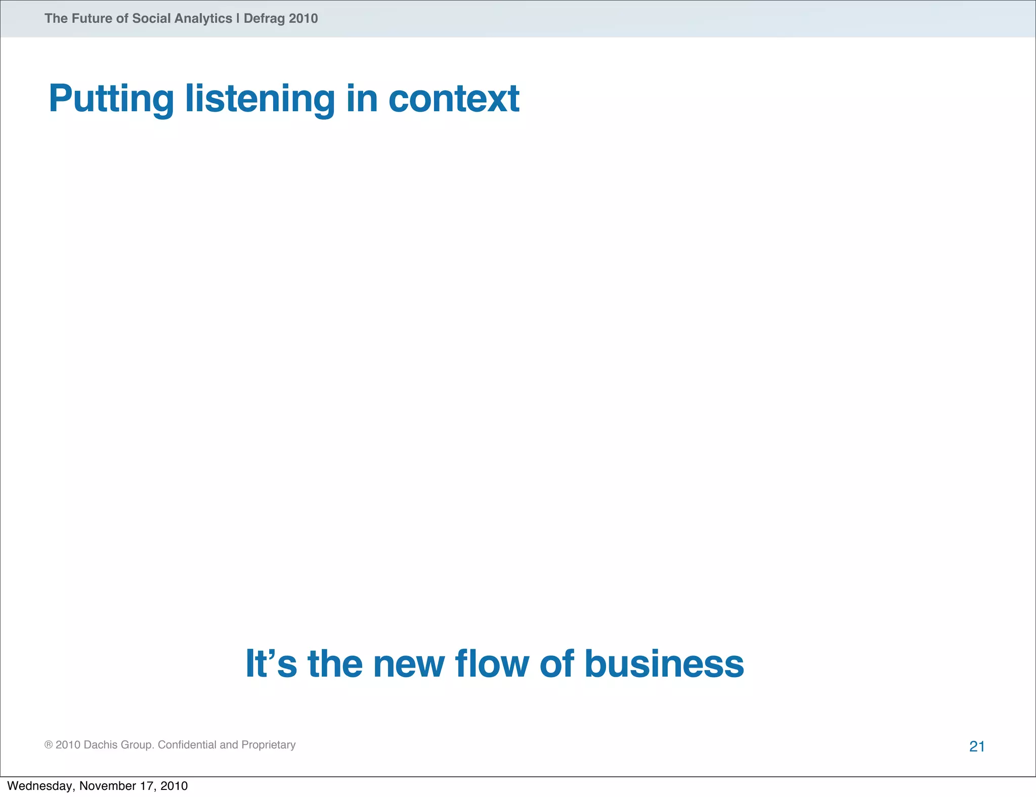 ® 2010 Dachis Group. Conﬁdential and Proprietary
The Future of Social Analytics | Defrag 2010
Putting listening in context
21
Itʼs the new ﬂow of business
Wednesday, November 17, 2010
 