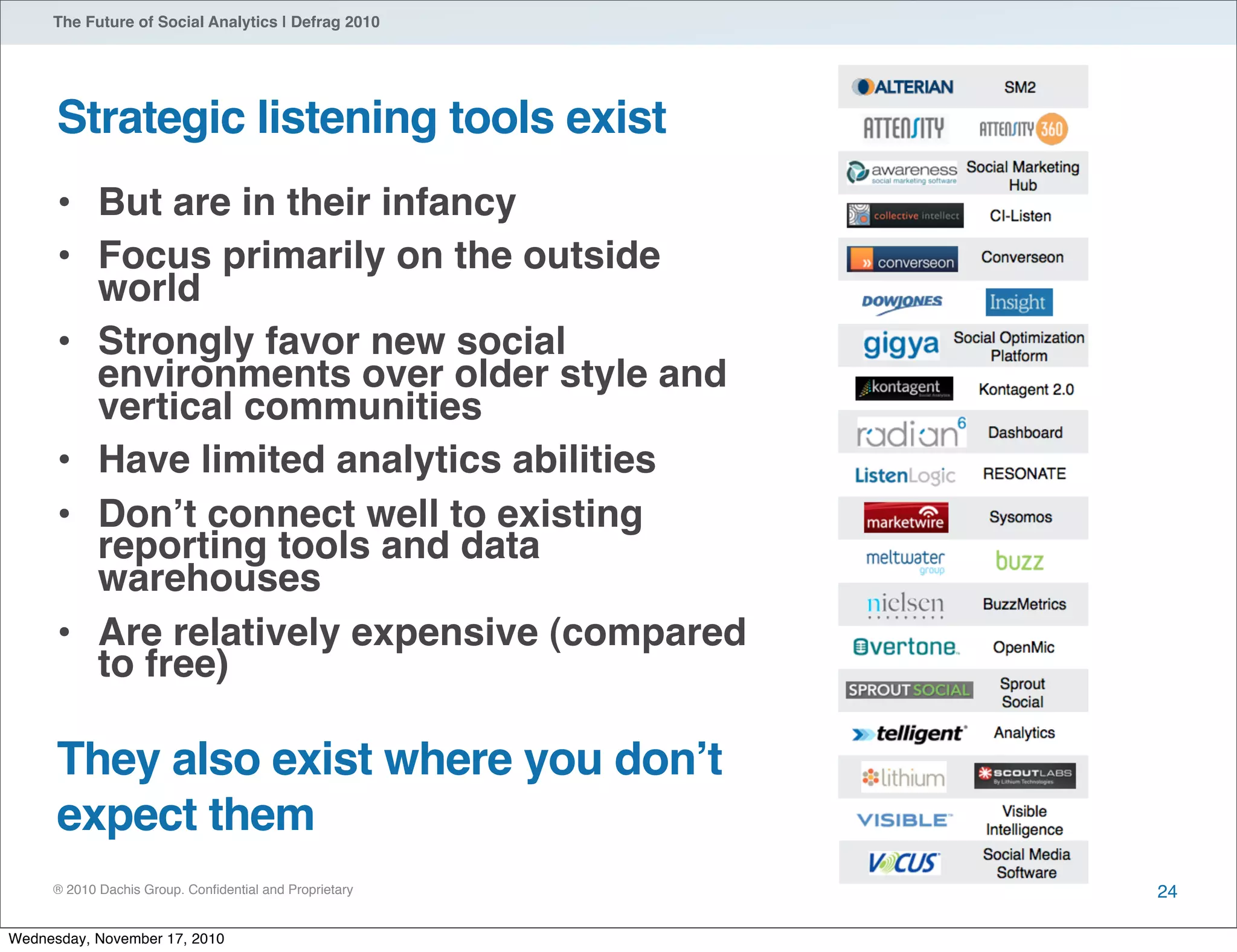 ® 2010 Dachis Group. Conﬁdential and Proprietary
The Future of Social Analytics | Defrag 2010
Strategic listening tools exist
24
• But are in their infancy
• Focus primarily on the outside
world
• Strongly favor new social
environments over older style and
vertical communities
• Have limited analytics abilities
• Donʼt connect well to existing
reporting tools and data
warehouses
• Are relatively expensive (compared
to free)
They also exist where you donʼt
expect them
Wednesday, November 17, 2010
 