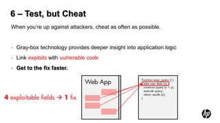 6 – Test, but Cheat
  When you’re up against attackers, cheat as often as possible.


  •   Gray-box technology provides deeper insight into application logic
  •   Link exploits with vulnerable code
  •   Get to the fix faster.

                                  Web App                Function exec_query () {
                                                           take user data (x);
                                                           construct query (x + y);
                                                           execute query;
                                                           return results (z);
4 exploitable fields  1 fix                             }
 