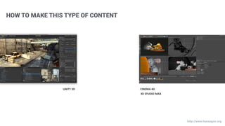HOW TO MAKE THIS TYPE OF CONTENT
http://www.haexagon.org
CINEMA  4D  
3D  STUDIO  MAX
UNITY  3D
 