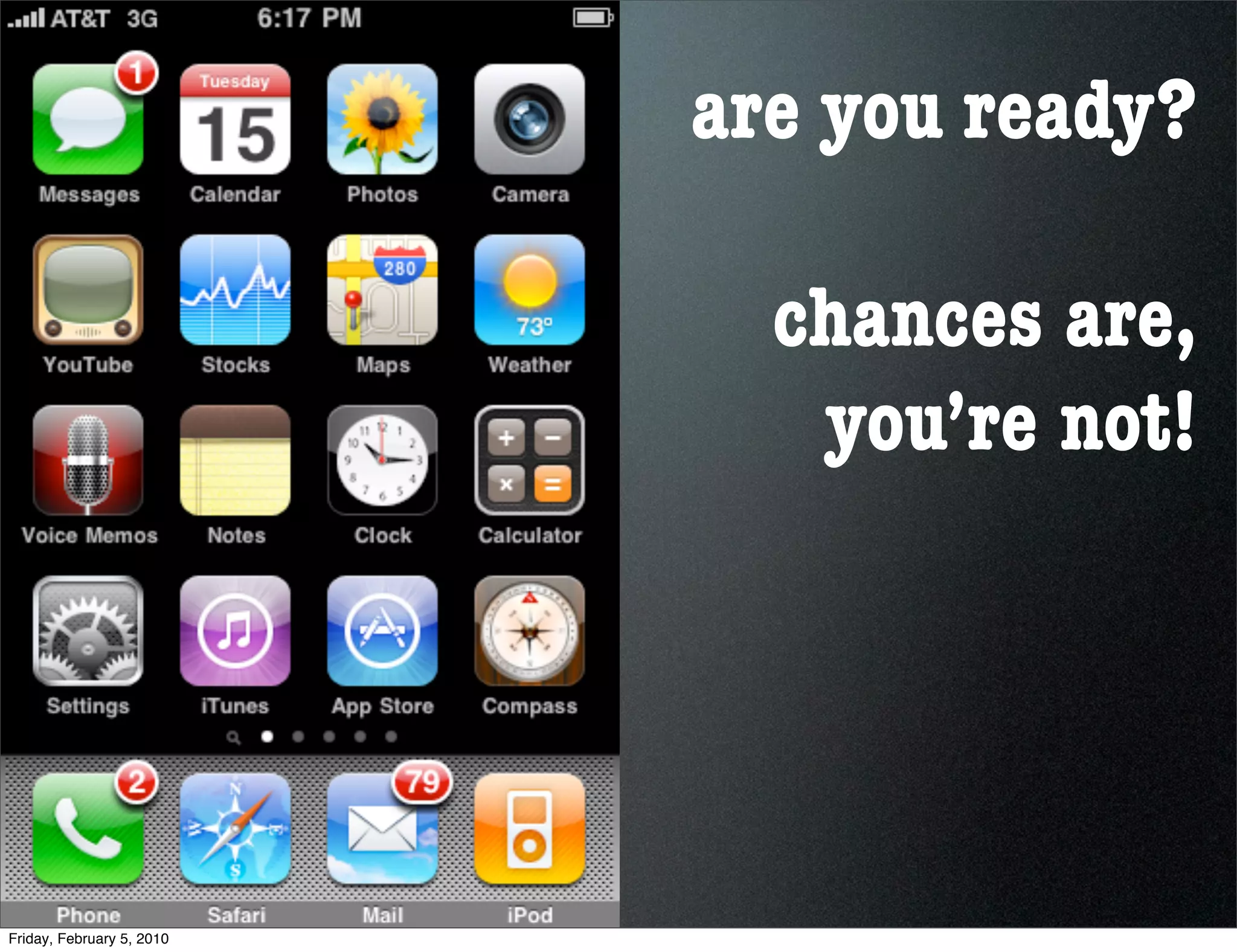 are you ready?

                             chances are,
                              you’re not!




Friday, February 5, 2010
 