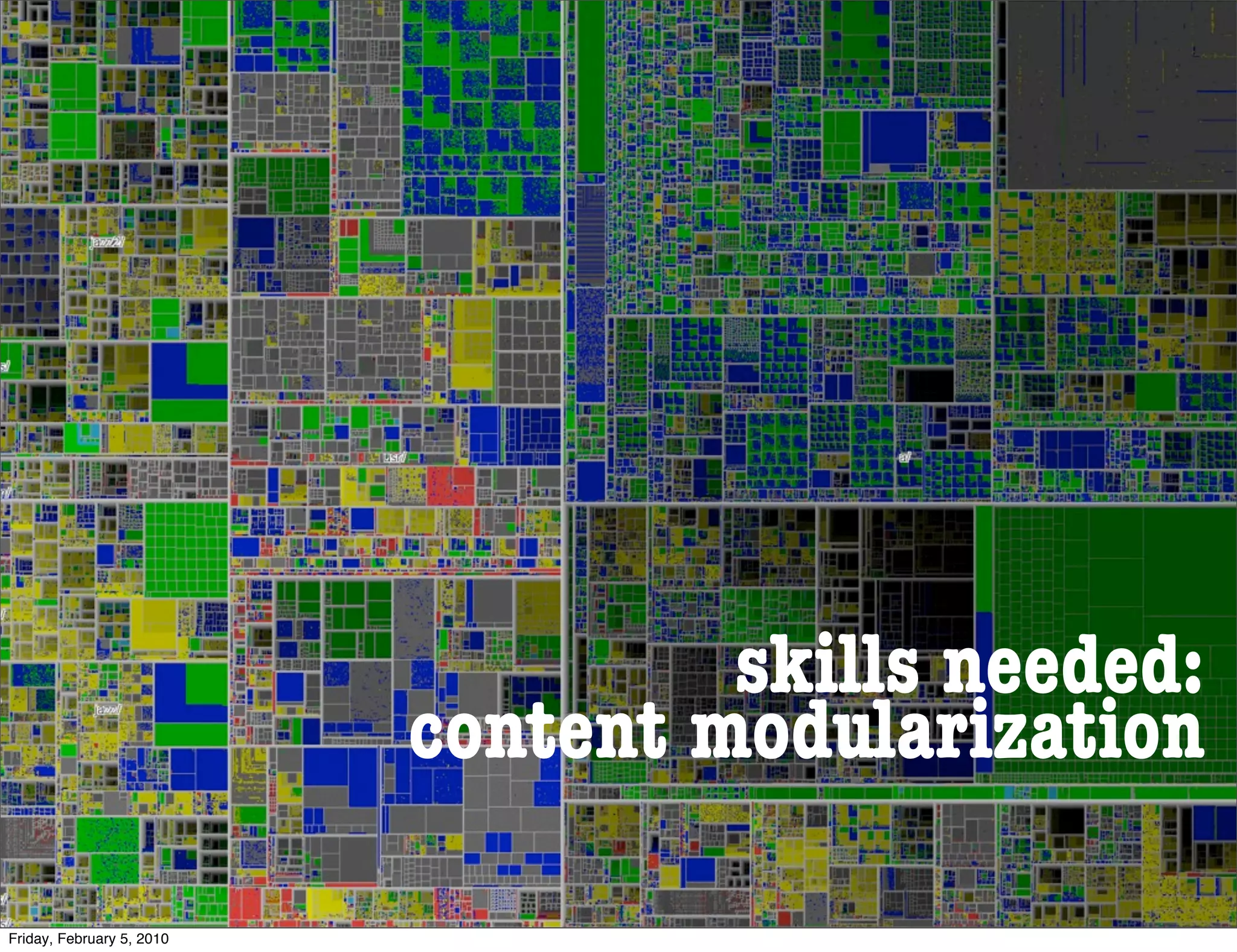 skills needed:
                           content modularization

Friday, February 5, 2010
 