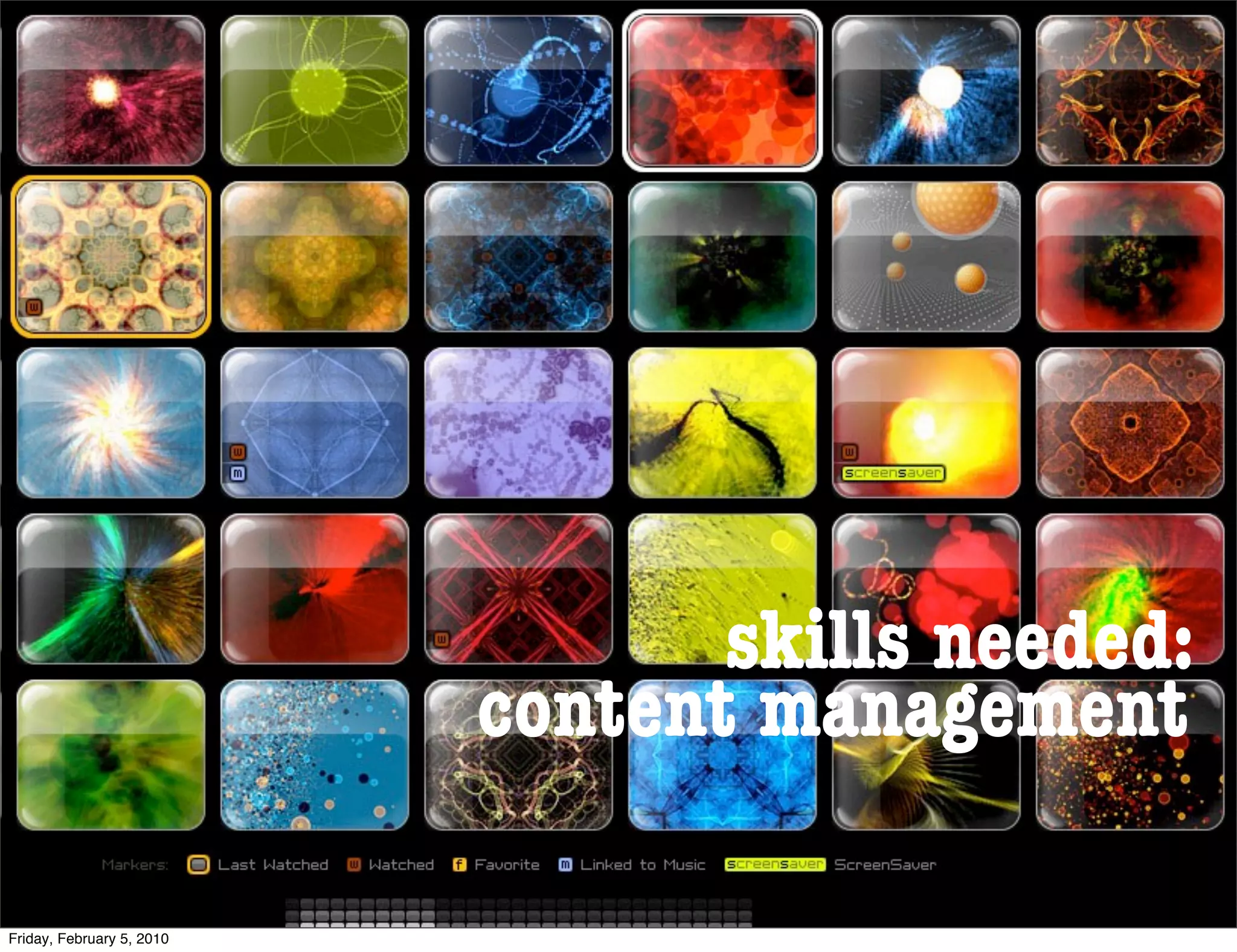 skills needed:
                           content management

Friday, February 5, 2010
 