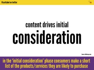 @scottabel on twitter 
content drives initial 
consideration 
Source: McKinsey.com 
in the ‘initial consideration’ phase consumers make a short 
list of the products/services they are likely to purchase 
 