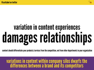 @scottabel on twitter 
variation in content experiences 
damages relationships 
content should differentiate your products/services from the competition, not from other departments in your organization 
variations in content within company silos dwarfs the 
differences between a brand and its competitors 
 