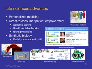 Life sciences advances Personalized medicine  Direct-to-consumer patient empowerment Genomic testing Health social networks  Niche physicians Synthetic biology Model, simulate and build  Personalized medicine Health social networks PartsRegistry.org iGEM competition BioSpice.org SimTK.org 