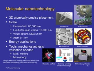 Molecular nanotechnology  3D atomically precise placement  Scale Human hair: 80,000 nm Limit of human vision: 10,000 nm Virus: 50 nm, DNA: 2 nm Atom 0.1 nm  Energy applications Images: http://www.imm.org, http://www.rfreitas.com, http://www.foresight.org, http://www.e-drexler.org Tools, mechanosynthesis validation needed Mills, motors Microscopy Scanning tunneling electron microscope  Molecular synthesizer MEMS ratchet Molecular mill Molecular motor Molecular scaffold Microgripper 
