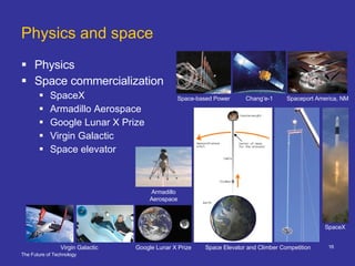 Physics and space Physics Space commercialization SpaceX Armadillo Aerospace Google Lunar X Prize Virgin Galactic Space elevator Chang’e-1 Space Elevator and Climber Competition SpaceX Spaceport America, NM Google Lunar X Prize Space-based Power Virgin Galactic Armadillo Aerospace 