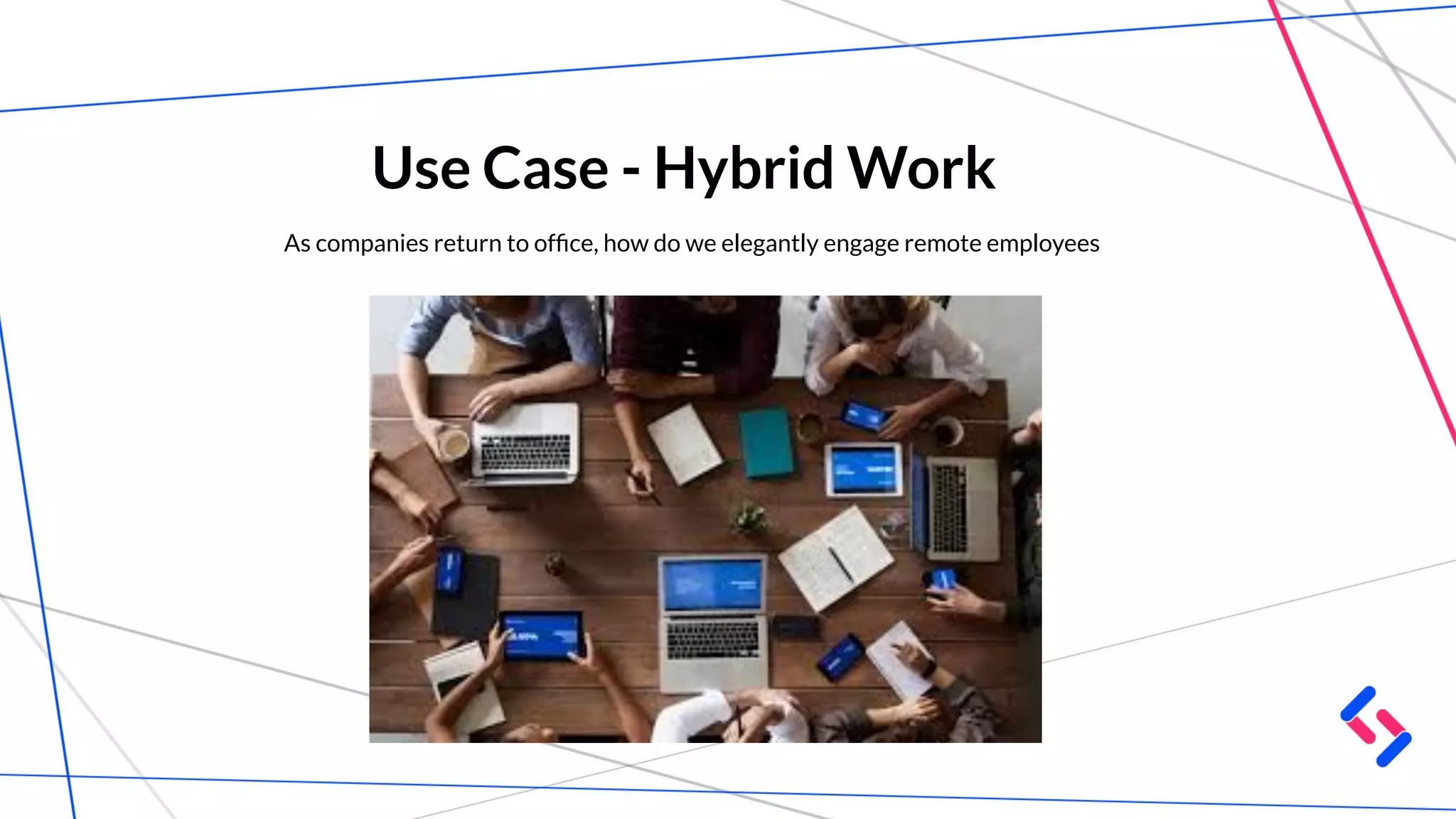 Use Case - Hybrid Work
As companies return to ofﬁce, how do we elegantly engage remote employees
 
