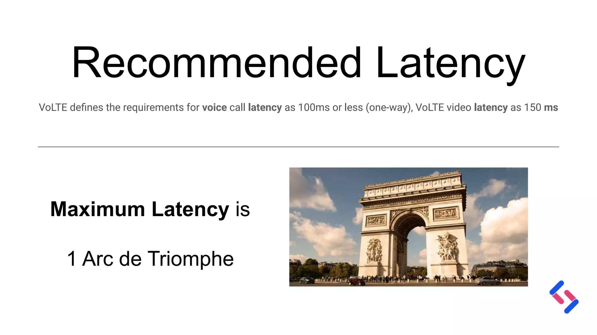 Recommended Latency
VoLTE deﬁnes the requirements for voice call latency as 100ms or less (one-way), VoLTE video latency as 150 ms
Maximum Latency is
1 Arc de Triomphe
 