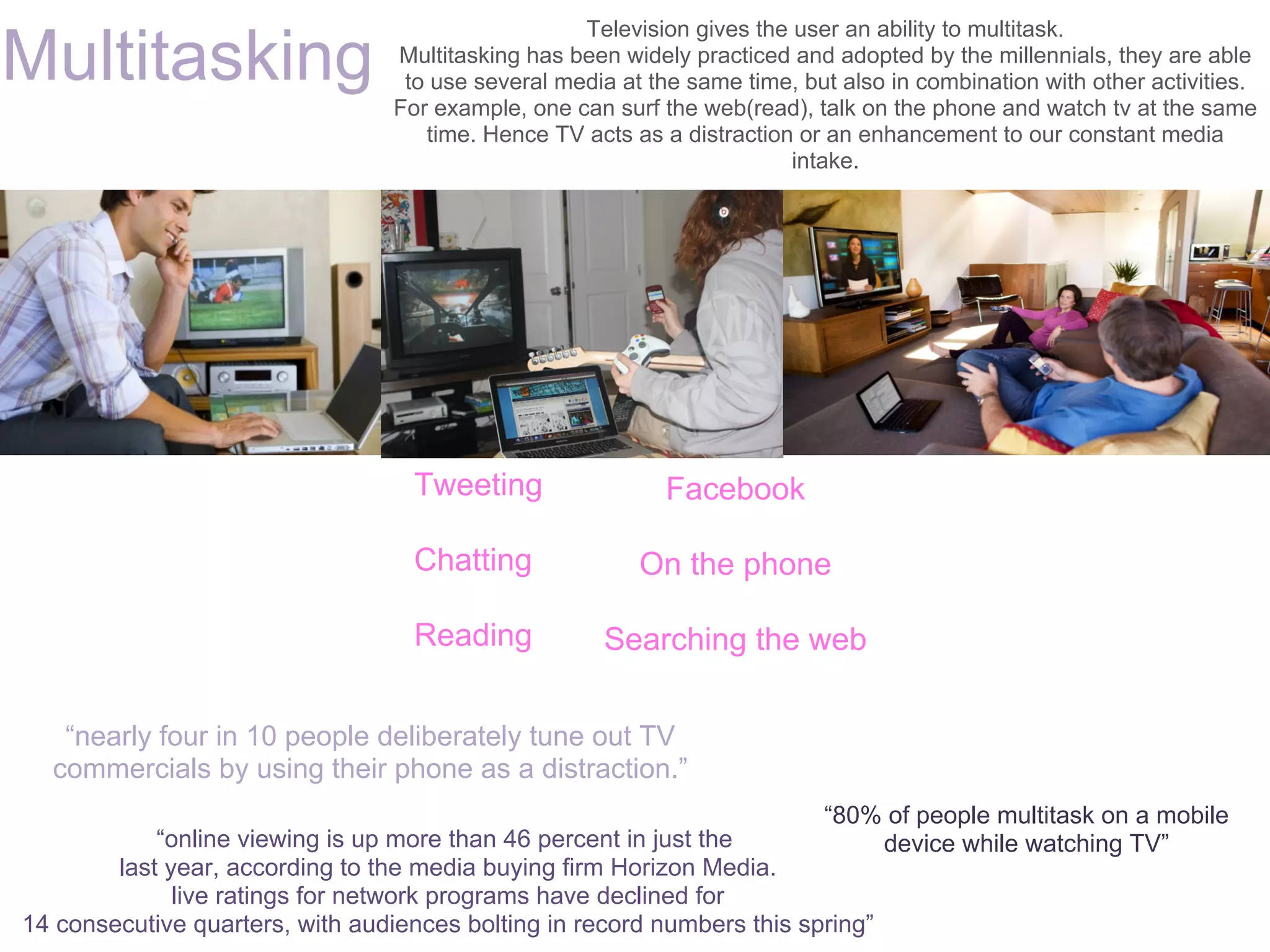 Television gives the user an ability to multitask.
Multitasking                      Multitasking has been widely practiced and adopted by the millennials, they are able
                                   to use several media at the same time, but also in combination with other activities.
                                  For example, one can surf the web(read), talk on the phone and watch tv at the same
                                     time. Hence TV acts as a distraction or an enhancement to our constant media
                                                                         intake.




                                    Tweeting                 Facebook

                                    Chatting              On the phone

                                    Reading           Searching the web


   “nearly four in 10 people deliberately tune out TV
  commercials by using their phone as a distraction.”
                                                                            “80% of people multitask on a mobile
            “online viewing is up more than 46 percent in just the              device while watching TV”
        last year, according to the media buying firm Horizon Media.
              live ratings for network programs have declined for
14 consecutive quarters, with audiences bolting in record numbers this spring”
 