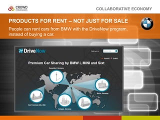 COLLABORATIVE ECONOMY
PRODUCTS FOR RENT – NOT JUST FOR SALE
People can rent cars from BMW with the DriveNow program,
inste...