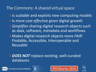  Is scalable and exploits new computing models
 Is more cost effective given digital growth
 Simplifies sharing digital research objects such
as data, software, metadata and workflows
 Makes digital research objects more FAIR:
Findable, Accessible, Interoperable and
Reusable
 DOES NOT replace existing, well-curated
databases
Phil Bourne, 2014
 
