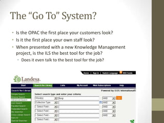 The “Go To” System?Is the OPAC the first place your customers look?Is it the first place your own staff look?When presented with a new Knowledge Management project, is the ILS the best tool for the job?Does it even talk to the best tool for the job?