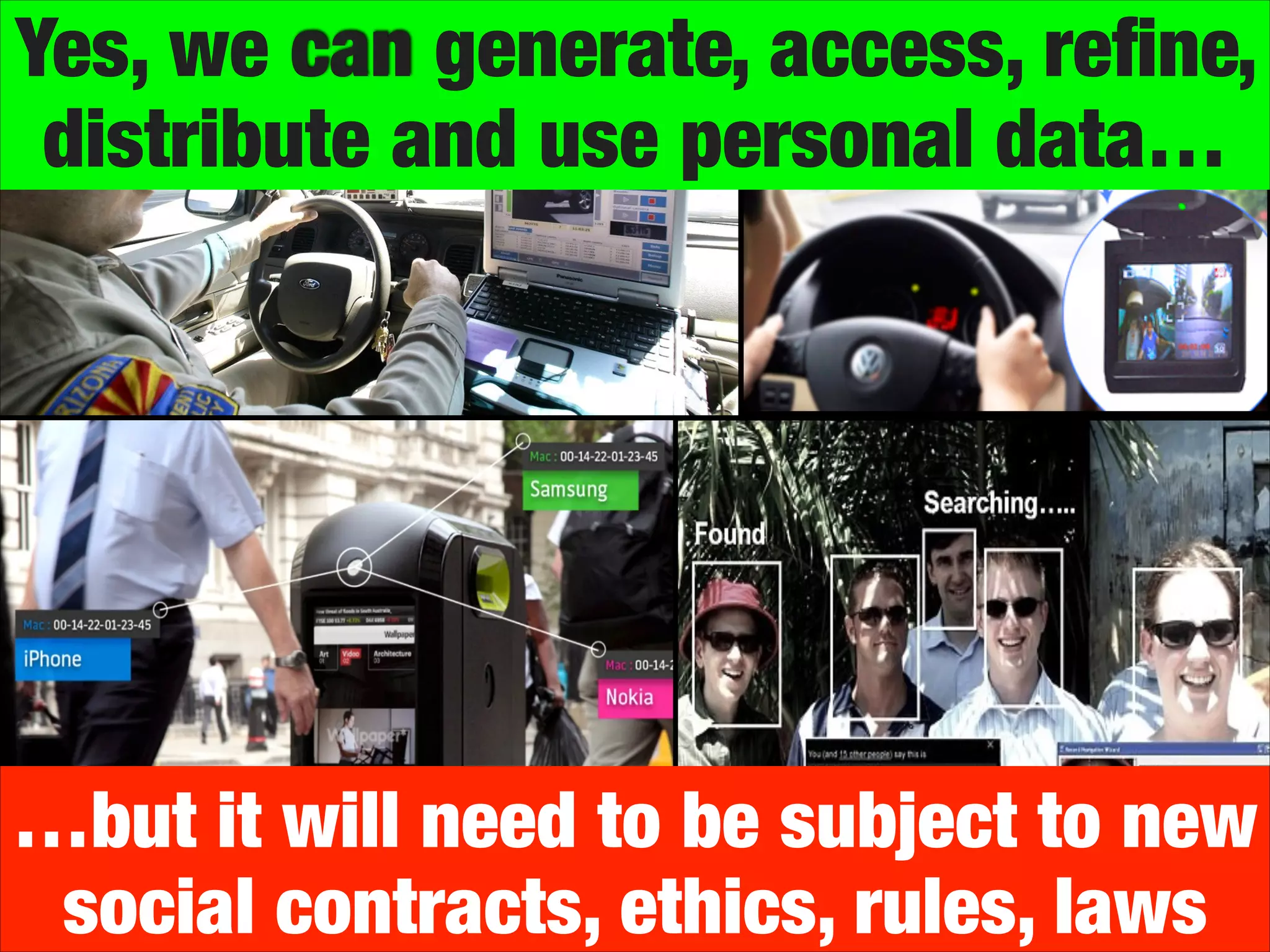 Yes, we can generate, access, reﬁne,
distribute and use personal data…

…but it will need to be subject to new
social contracts, ethics, rules, laws

 