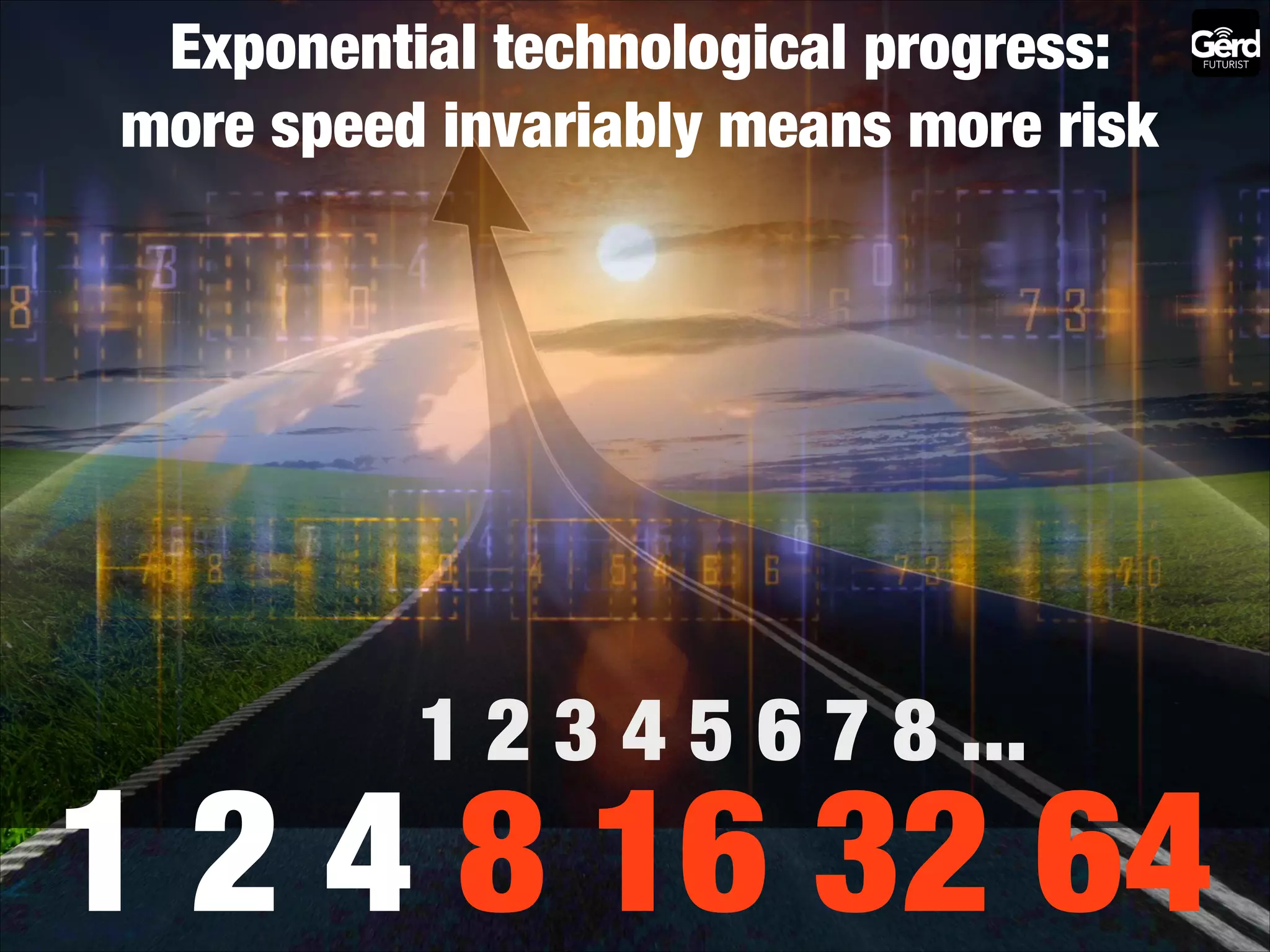 Exponential technological progress:
more speed invariably means more risk

1 2 3 4 5 6 7 8 ...

1 2 4 8 16 32 64

 