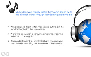 Music discovery rapidly shifted from radio, Music TV to
the Internet, iTunes through to streaming social media
• Artists a...